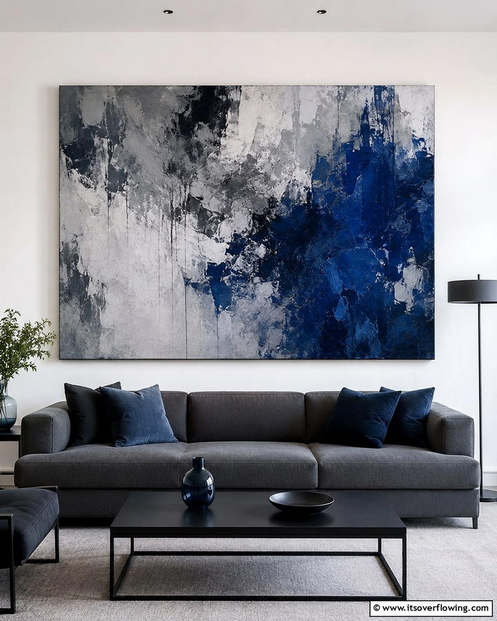 Grey and Blue Abstract Artwork - 30 Soothing Blue & Grey Living Room Designs for Relaxing Spaces
