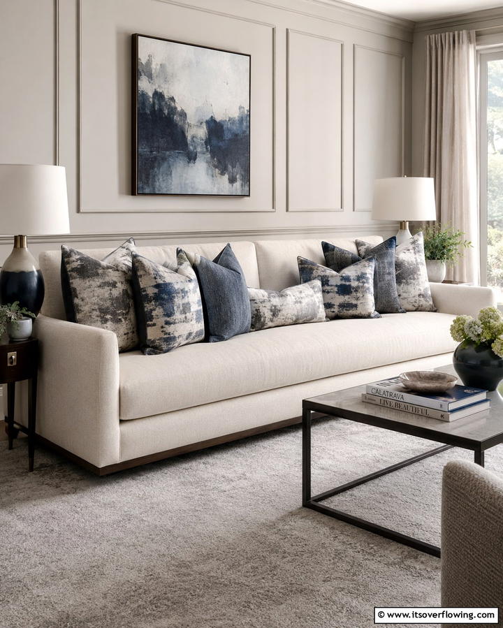 Grey and Blue Abstract Throw Pillows - 30 Soothing Blue & Grey Living Room Designs for Relaxing Spaces