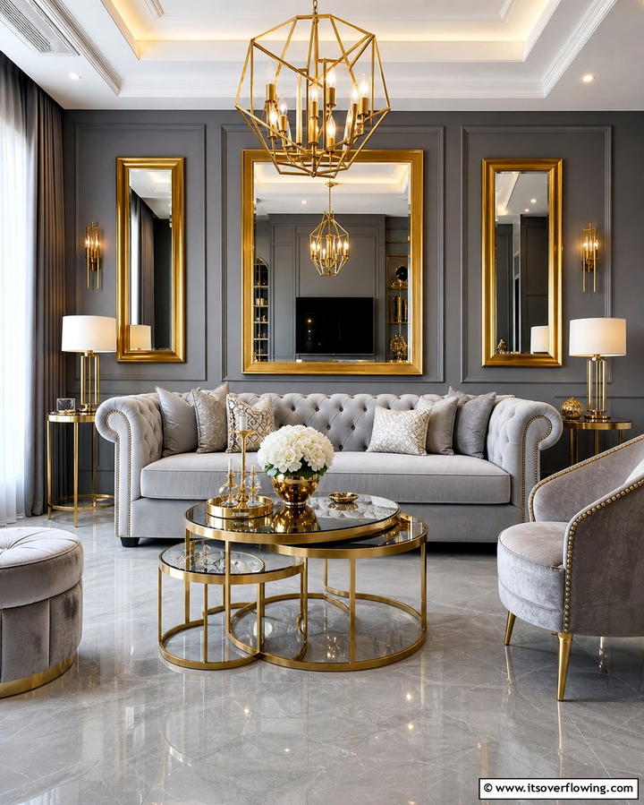 Grey and Gold Accents - 25 Grey Living Room Ideas- Stylish & Modern Designs