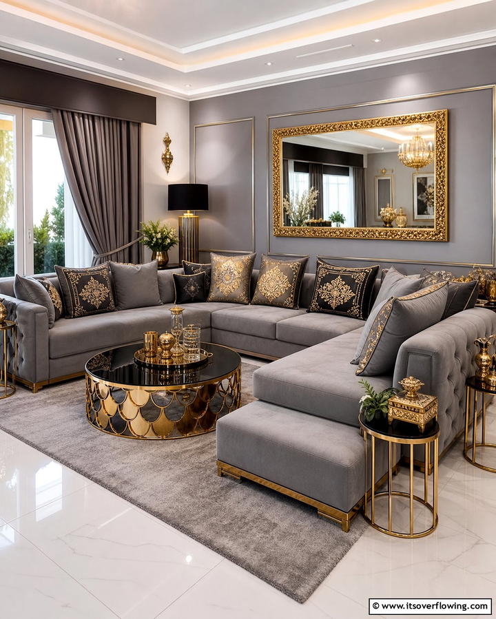 Grey and Gold Accents - 25 Grey Sectional Living Room Ideas for Modern Homes