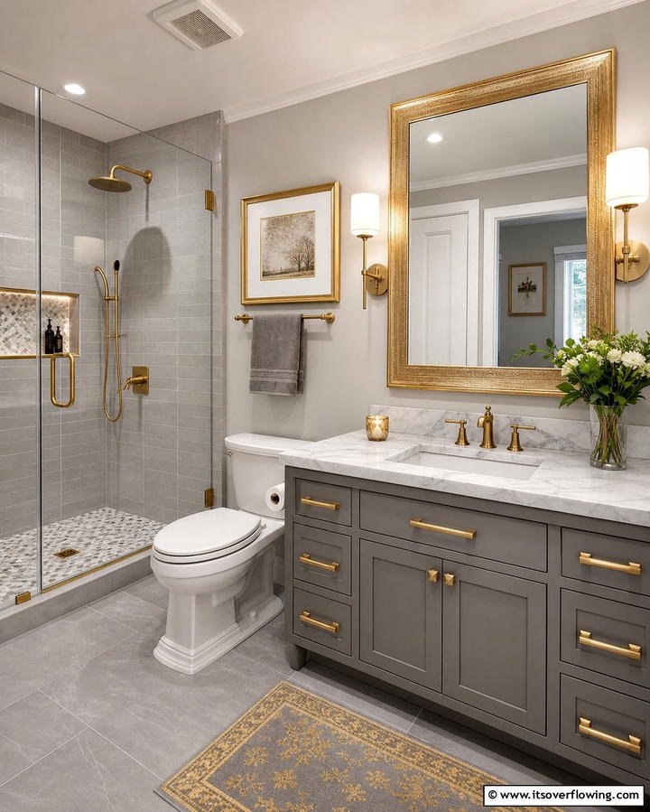 Grey and Gold Accents - 25 Grey Bathroom Ideas for a Timeless and Elegant Look