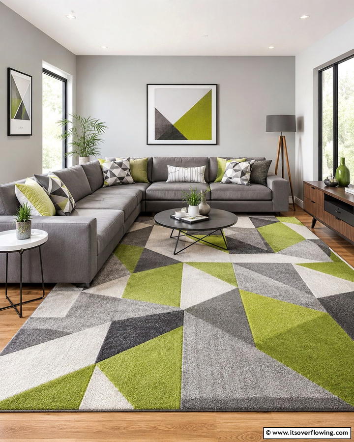 Grey and Green Geometric Patterns - 25 Green and Grey Living Room Ideas for Modern Homes