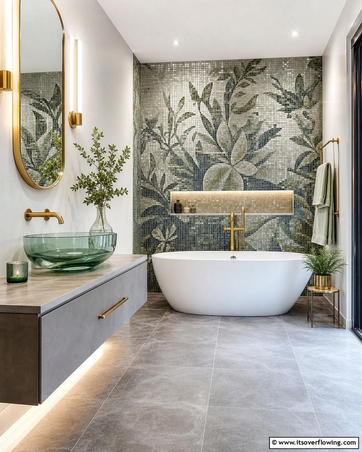Grey and Green Mosaic Tiles - 20 Green and Grey Bathroom Ideas for a Modern Look