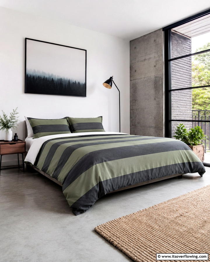 Grey and Green Striped Bedding - 25 Modern Green and Grey Bedroom Design Ideas