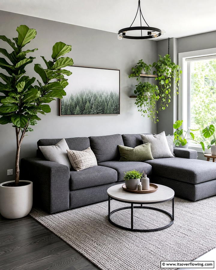 Grey and Greenery - 25 Grey Living Room Ideas- Stylish & Modern Designs