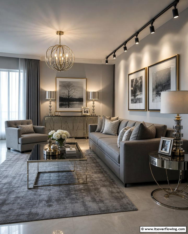 Grey and Metallic Accents - 25 Grey Living Room Ideas- Stylish & Modern Designs
