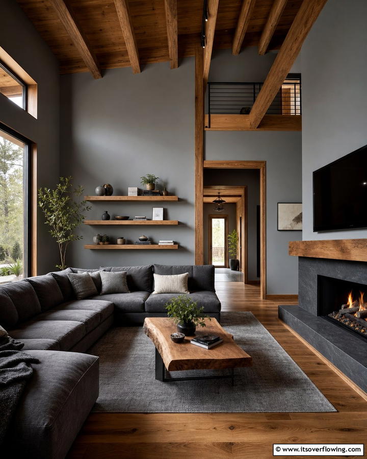 Grey and Natural Wood Contrast - 25 Grey Living Room Ideas- Stylish & Modern Designs