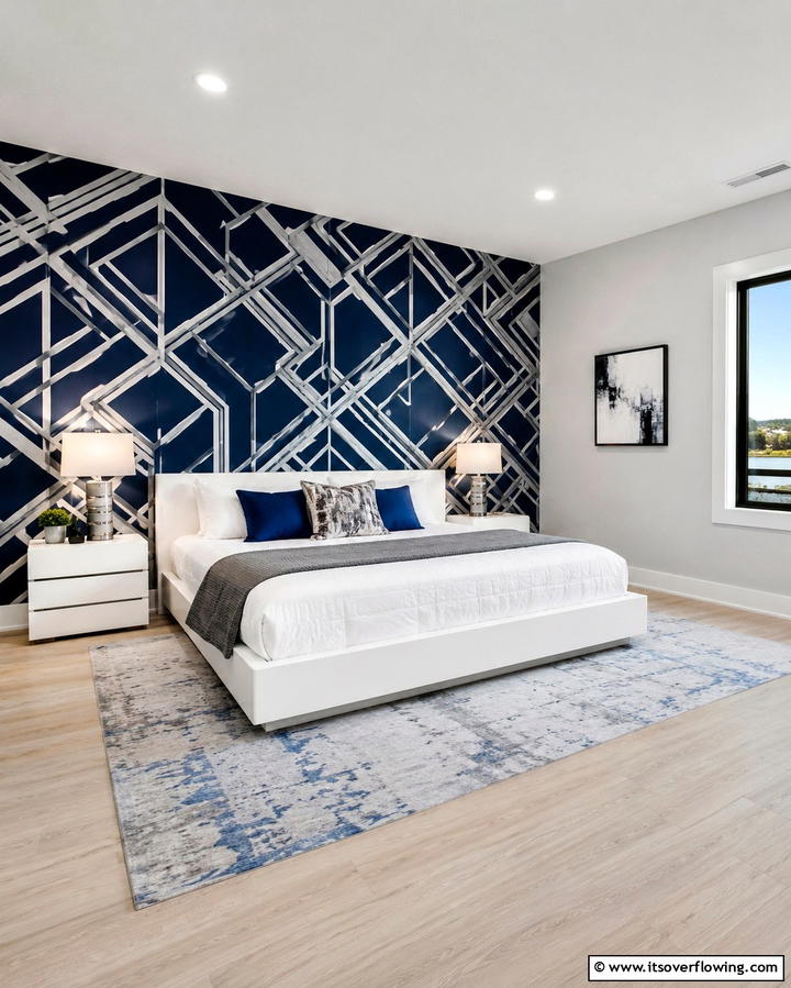 Grey and Navy Blue Chevron Pattern - 25 Navy Blue and Grey Bedroom Ideas for Modern Style