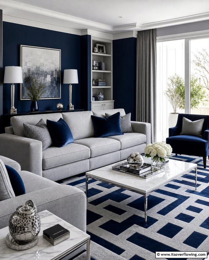 Grey and Navy Blue - 25 Grey Living Room Ideas- Stylish & Modern Designs