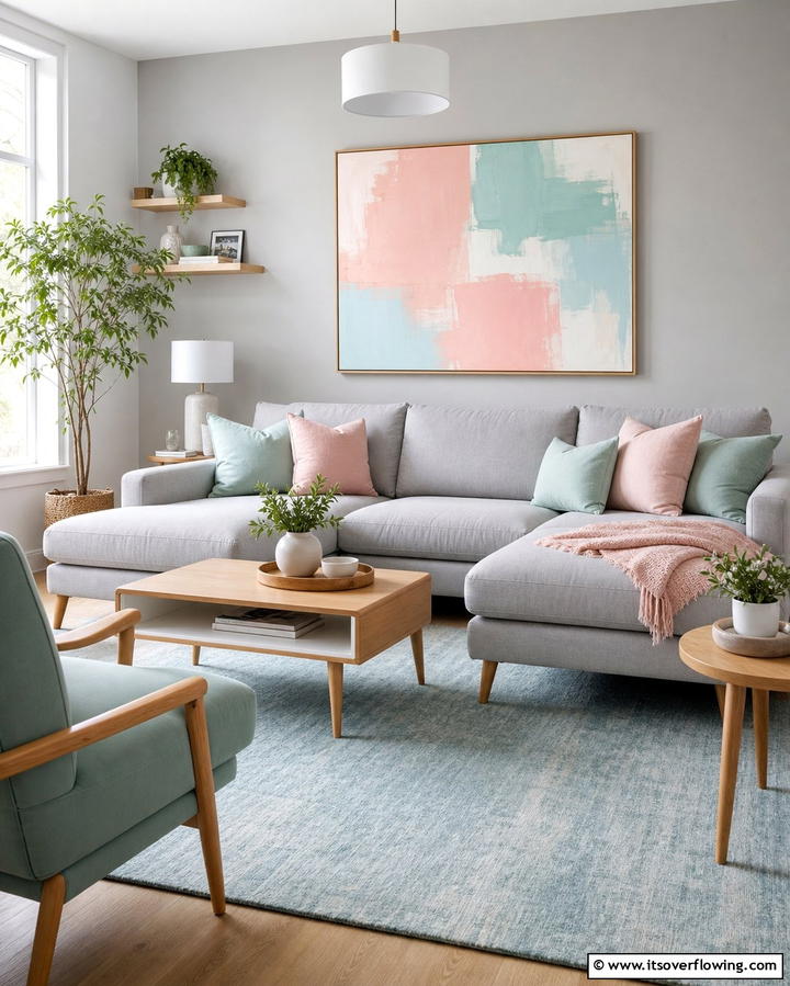 Grey and Pastel Accents - 25 Grey Living Room Ideas- Stylish & Modern Designs