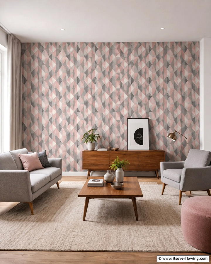 Grey and Pink Patterned Wallpaper - 25 Pink and Grey Living Room Ideas for a Chic Space