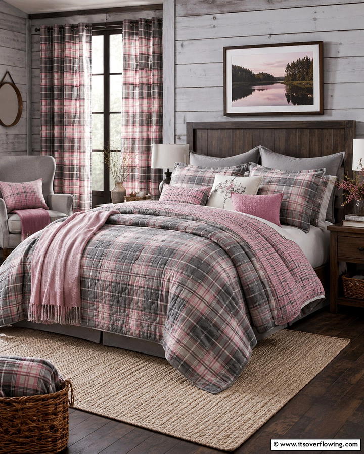 Grey and Pink Plaid Textiles - 25 Pink and Grey Bedroom Ideas for a Serene Space
