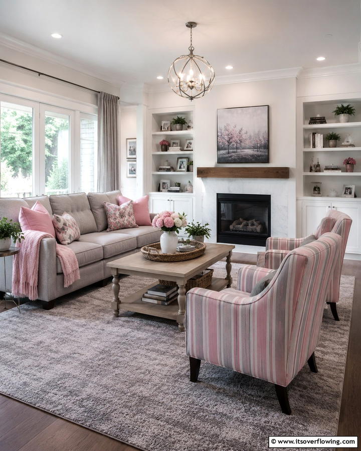 Grey and Pink Striped Upholstery - 25 Pink and Grey Living Room Ideas for a Chic Space