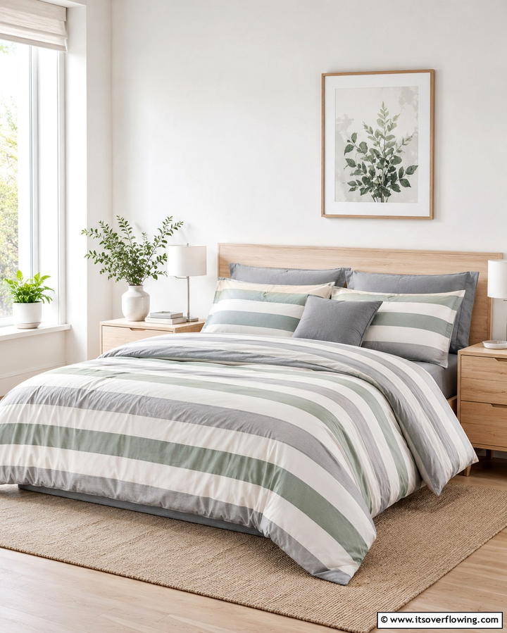 Grey and Sage Green Striped Bedding - 25 Sage Green and Grey Bedroom Ideas for a Serene Retreat