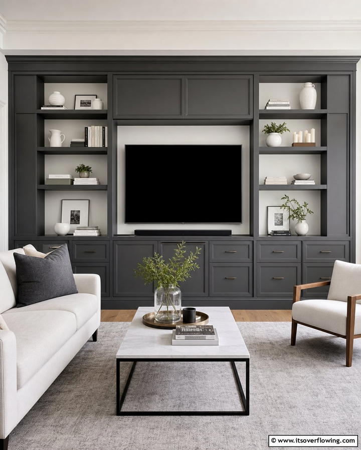 Grey and White Built In Shelving - 25 Grey and White Living Room Ideas for Modern Homes