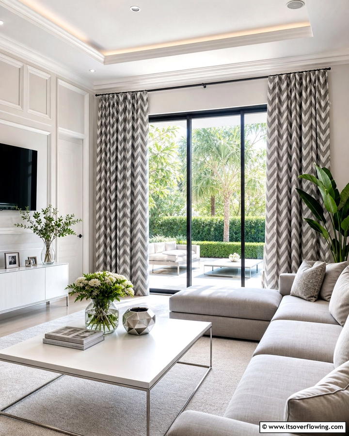 Grey and White Chevron Curtains - 25 Grey and White Living Room Ideas for Modern Homes