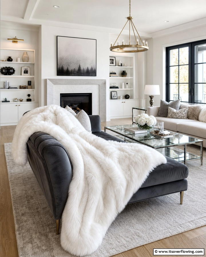Grey and White Faux Fur Accents - 25 Grey and White Living Room Ideas for Modern Homes