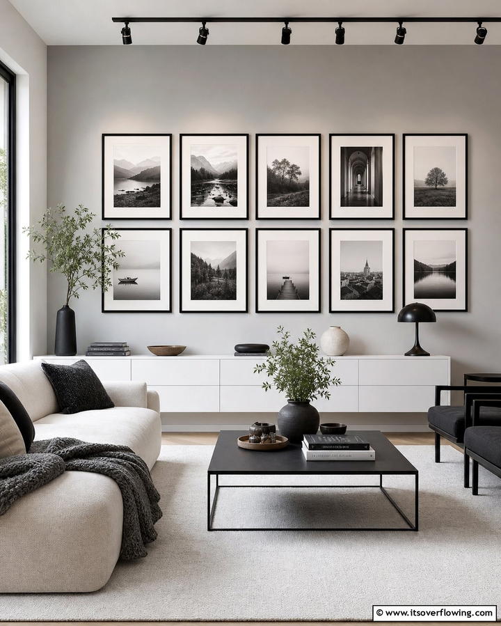 Grey and White Gallery Wall - 25 Grey and White Living Room Ideas for Modern Homes