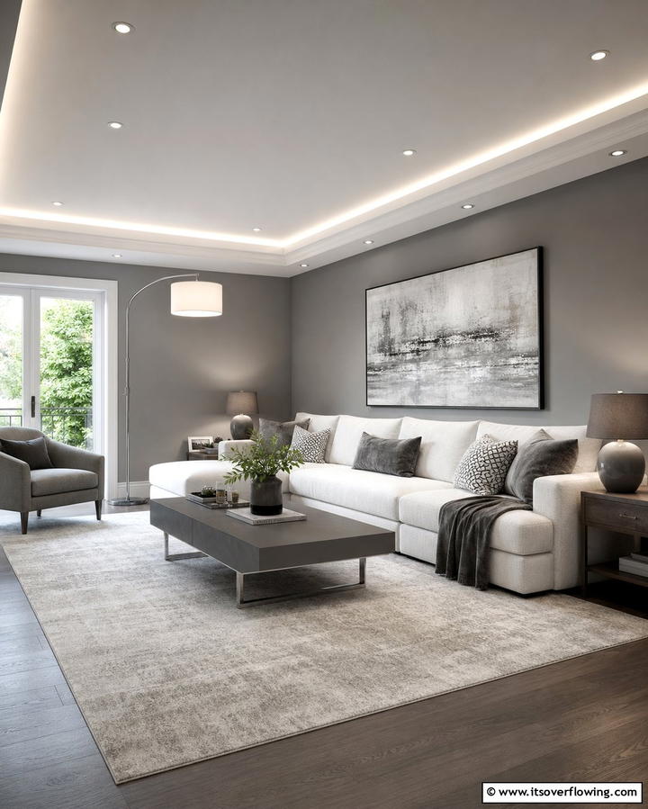 Grey and White Layered Lighting - 25 Grey and White Living Room Ideas for Modern Homes