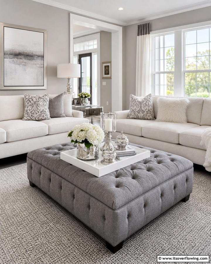 Grey and White Ottoman as a Centerpiece - 25 Grey and White Living Room Ideas for Modern Homes