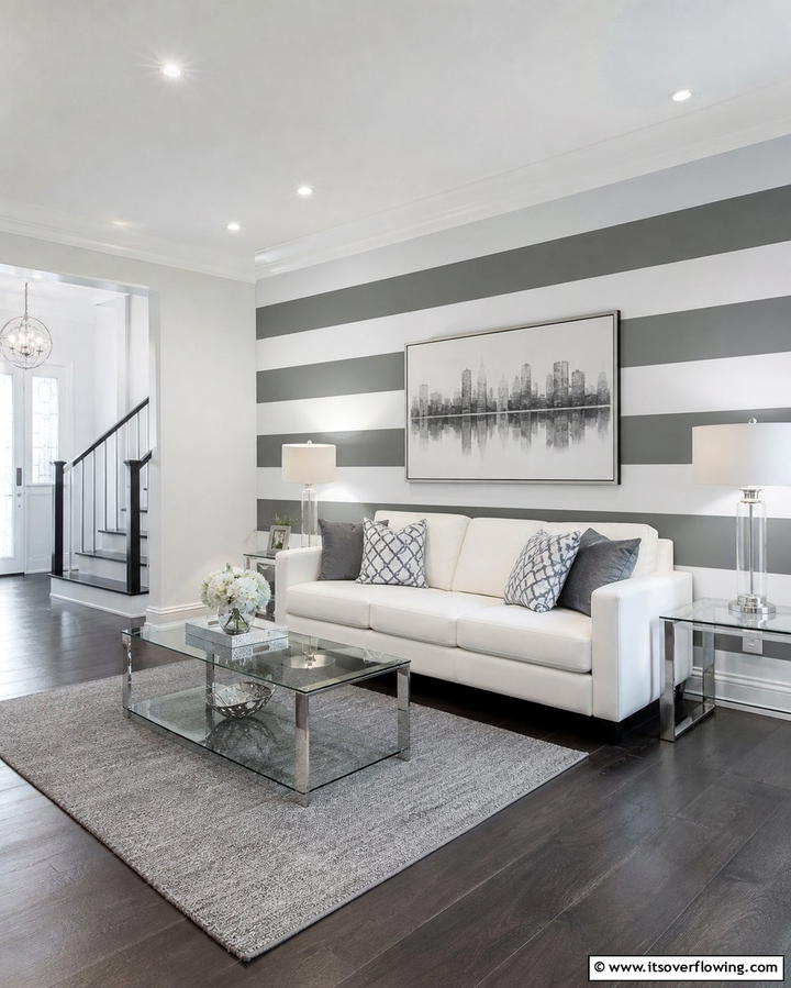 Grey and White Striped Accent Wall - 25 Grey and White Living Room Ideas for Modern Homes