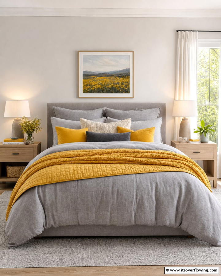 Grey and Yellow Bedding Layers - 25 Yellow and Grey Bedroom Ideas for a Chic Look