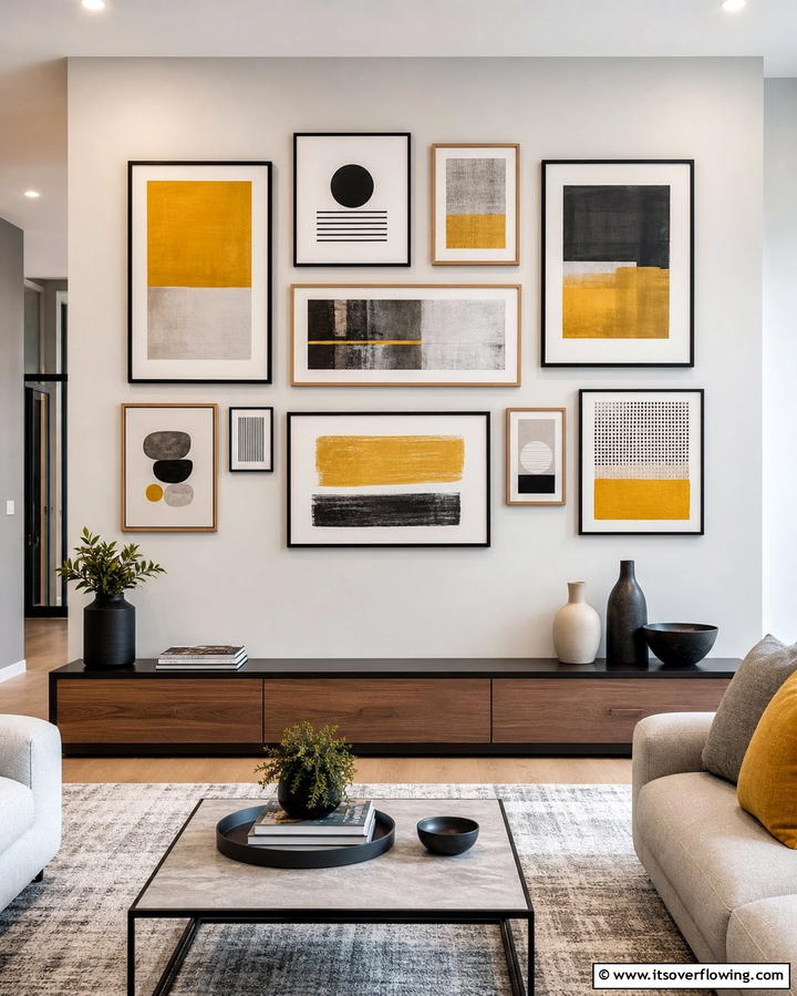 Grey and Yellow Gallery Wall - 25 Grey and Yellow Living Room Ideas