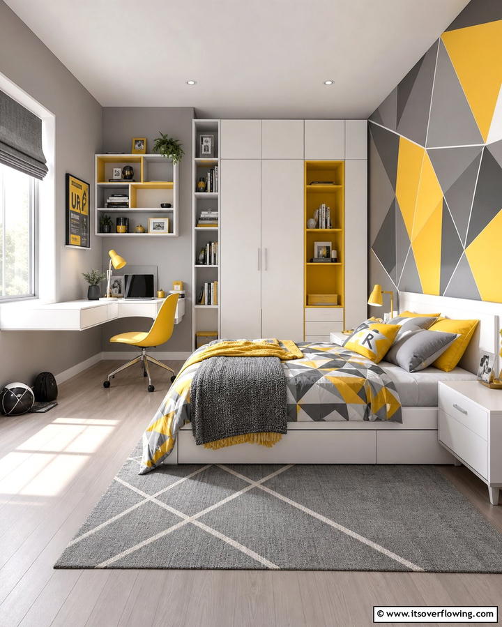 Grey and Yellow Geometric Patterns - 25 Yellow and Grey Bedroom Ideas for a Chic Look