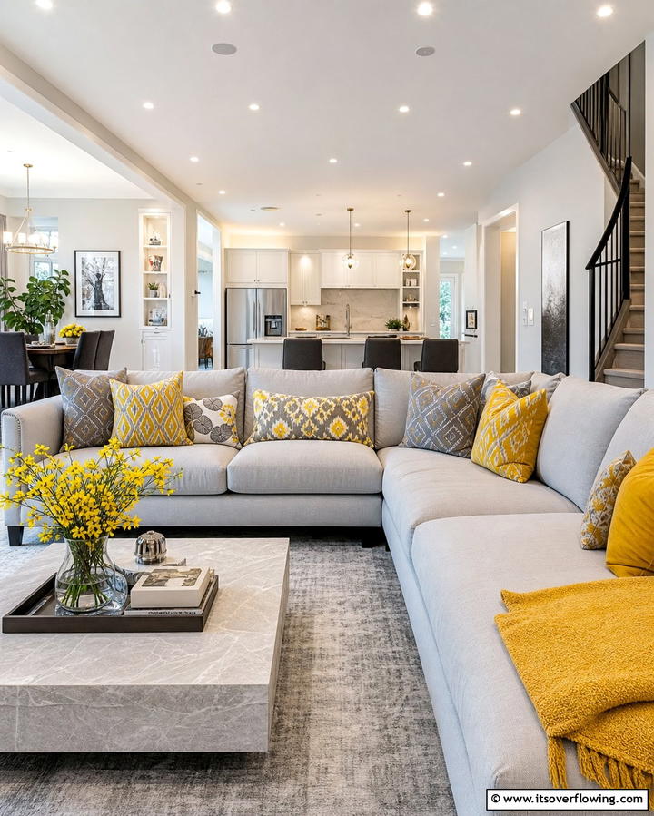 Grey and Yellow Patterned Cushions - 25 Grey and Yellow Living Room Ideas
