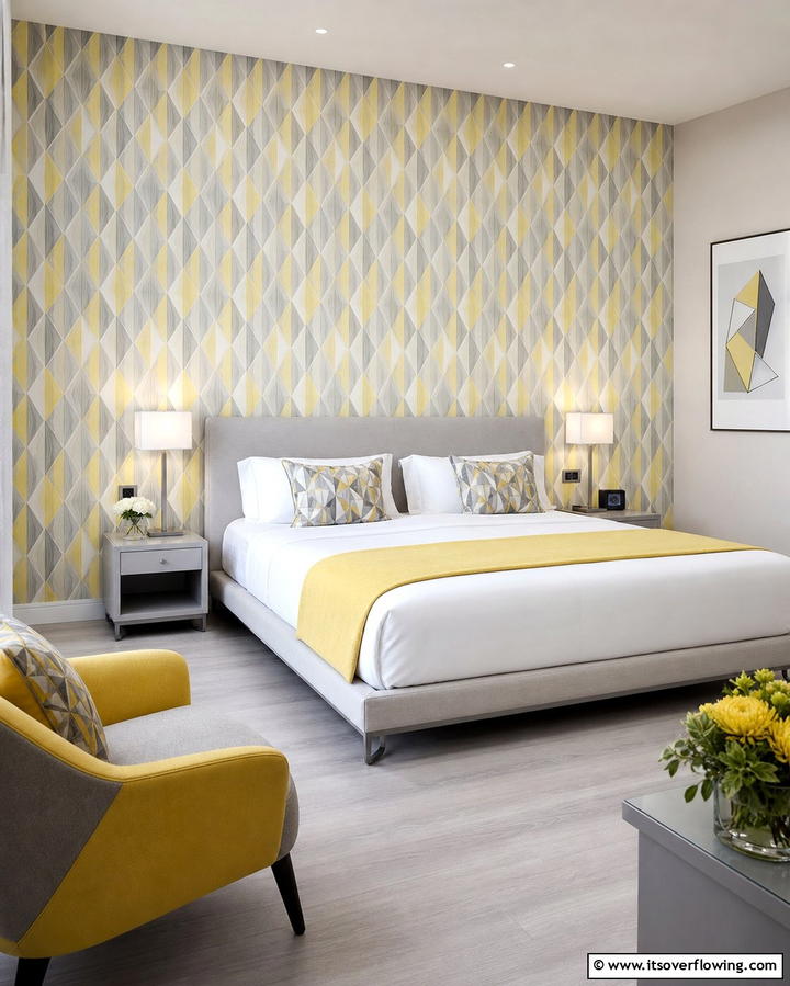 Grey and Yellow Patterned Wallpaper - 25 Yellow and Grey Bedroom Ideas for a Chic Look