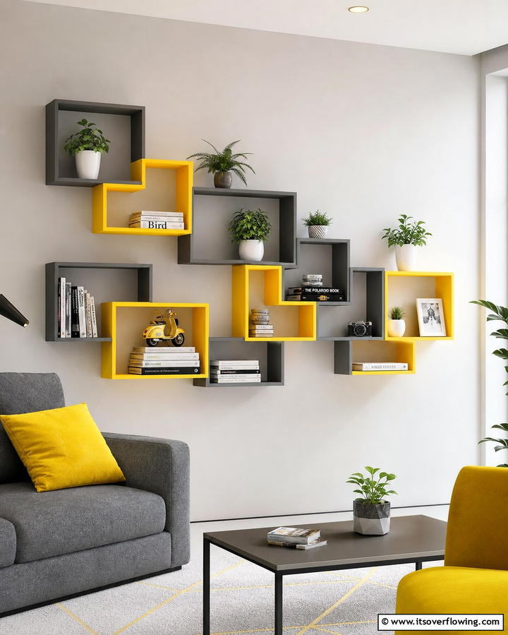 Grey and Yellow Wall Shelves - 25 Grey and Yellow Living Room Ideas