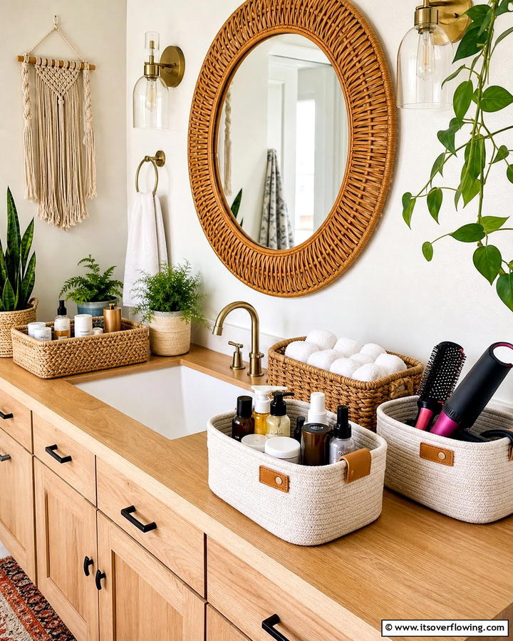 Group Items Using Decorative Baskets - 25 Bathroom Counter Organization Ideas for a Clutter-Free Space
