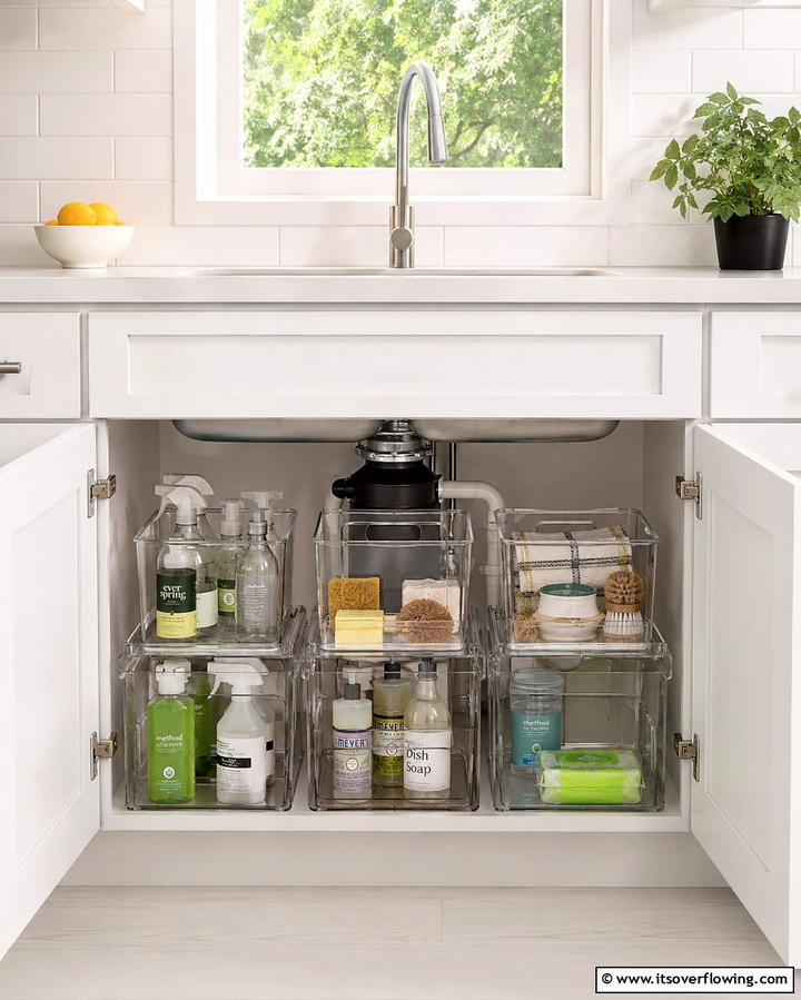 Group Items in Clear Storage Bins - 20 Kitchen Sink Organization Ideas to Maximize Space