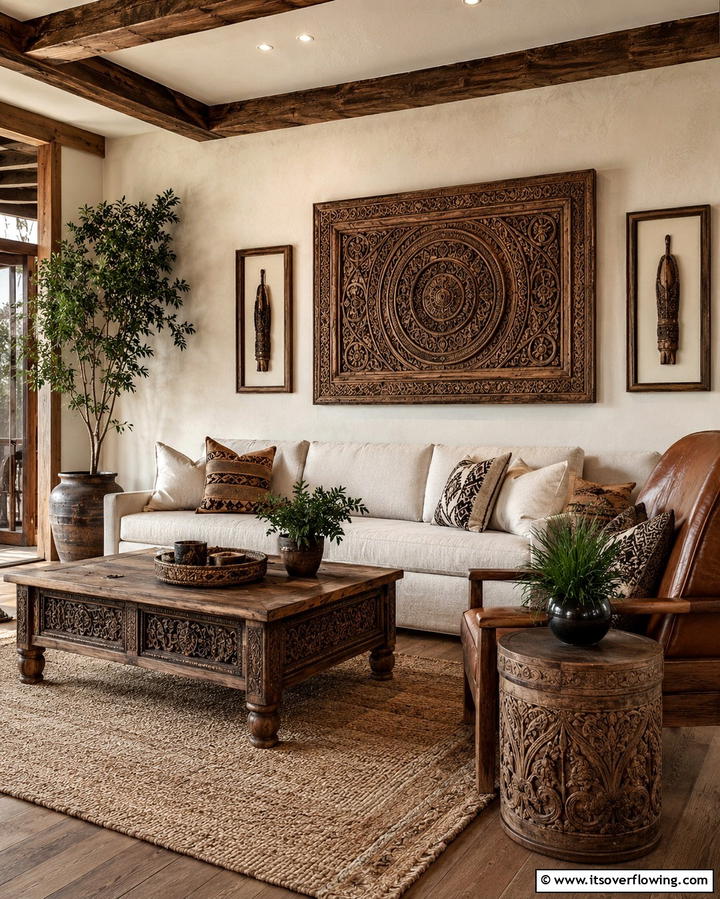 Hand Carved Wooden Accents - 30 Small Rustic Living Room Ideas for Cozy Charm