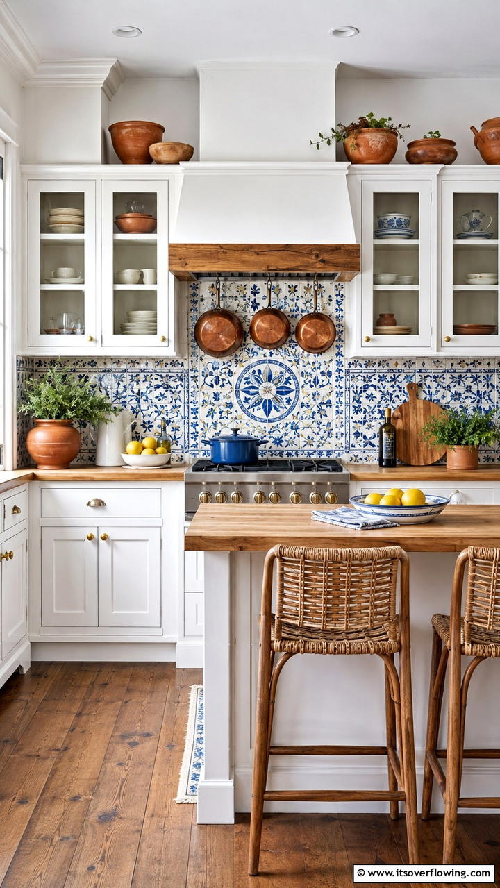 Hand Painted Artisan Tiles - 21 White Cabinet Kitchen Backsplash Ideas for Contrast