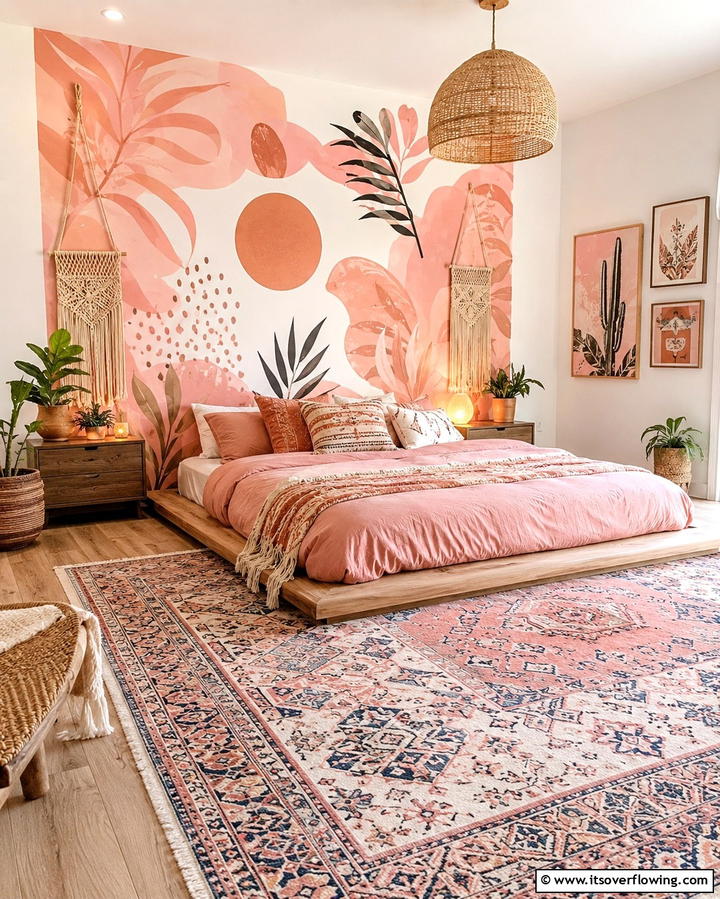 Hand Painted Boho Mural - 30 Pink Boho Bedroom Ideas for a Chic and Cozy Retreat