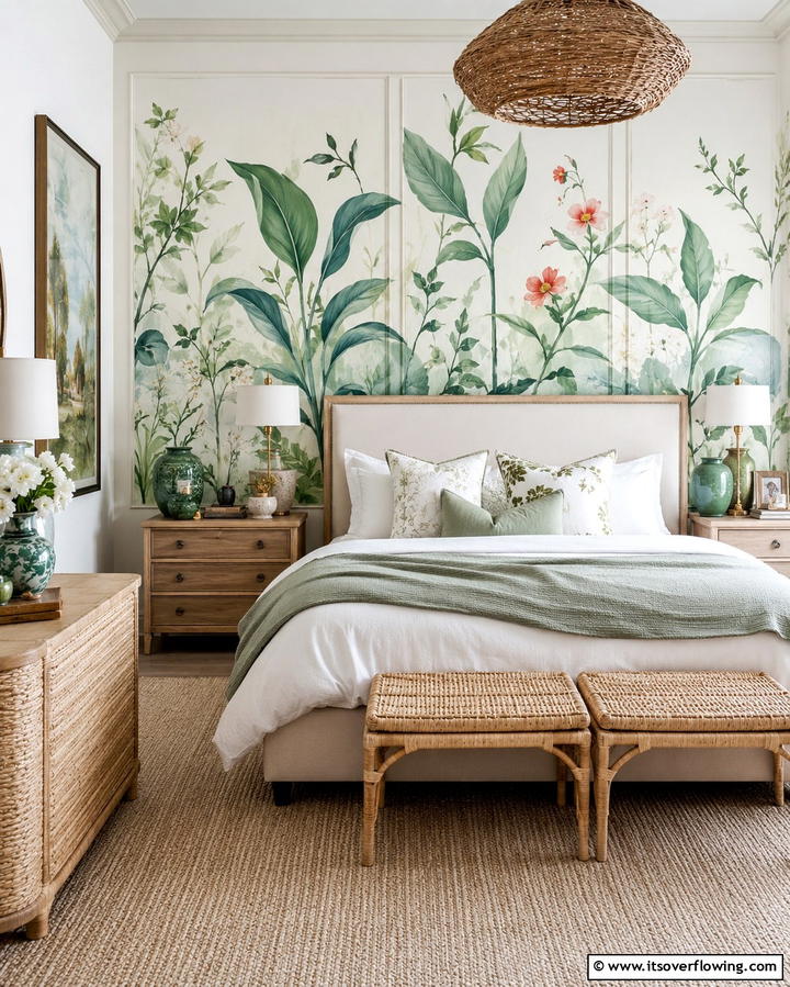 Hand Painted Botanical Panels - 30 Green Panelling Ideas for a Serene Bedroom