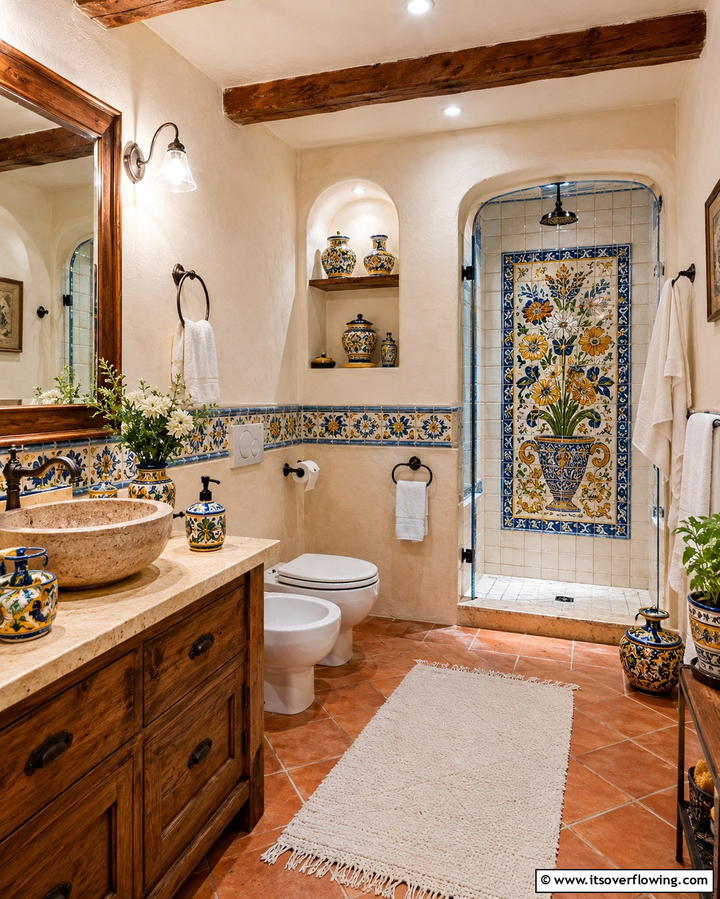 Hand Painted Ceramic Accessories - 20 Tuscan Bathroom Ideas for a Rustic Retreat