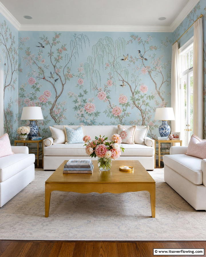 Hand Painted Chinoiserie Wallpaper - 20 Chinoiserie Living Room Ideas for Timeless Style
