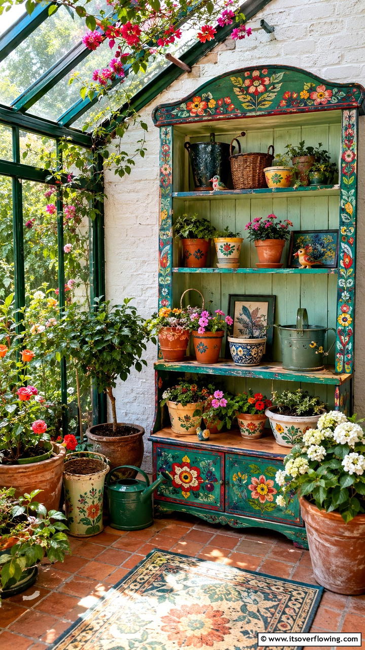 Hand Painted Decorative Shelves - 30 Greenhouse Shelving Ideas- Organized Plant Storage