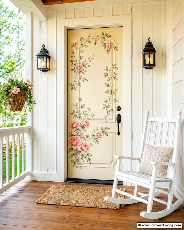 Hand Painted Floral Door Design - 30 Farmhouse Front Door Ideas for Curb Appeal