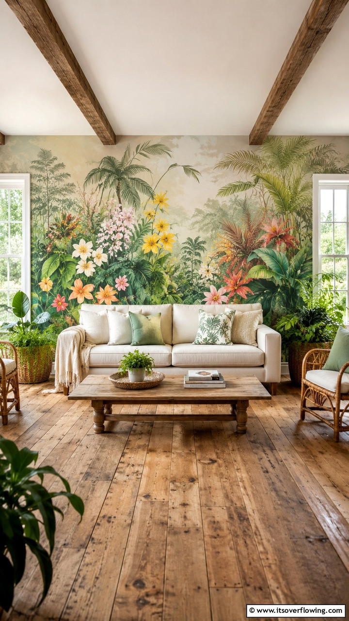 Hand Painted Murals - 30 Cottage Living Room Ideas for Cozy Home Spaces