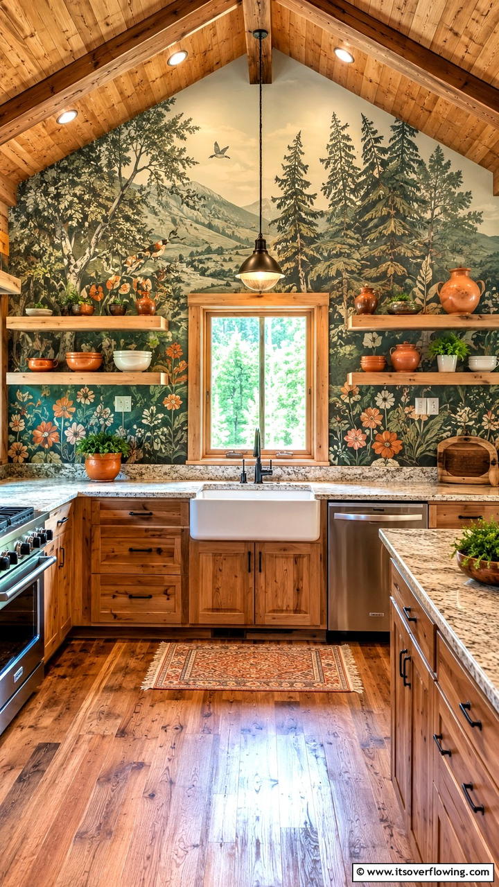 Hand Painted Rustic Murals - 30 Cabin Kitchen Ideas- Rustic and Cozy Cooking Spaces