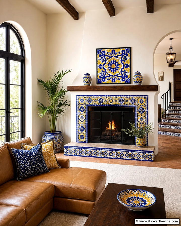 Hand Painted Tile Accents - 25 Spanish Style Fireplace Ideas for Cozy Living Spaces