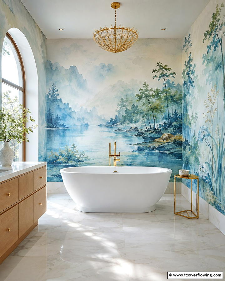 Hand Painted Watercolor Scenes - 30 Stunning Bathroom Wall Ideas to Elevate Your Space
