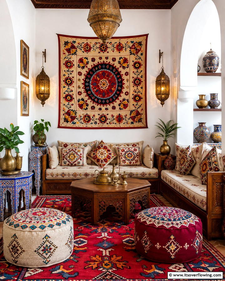 Hand Stitched Embroidery Accents - 30 Moroccan Living Room Ideas for Exotic Elegance