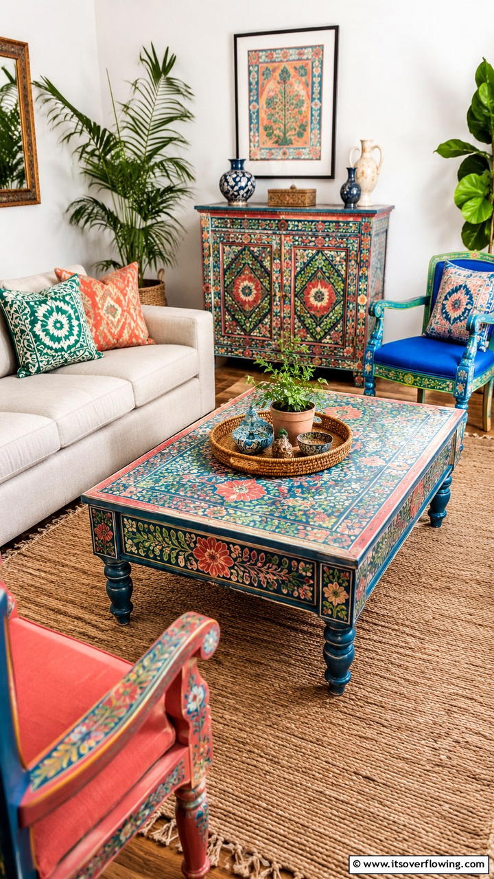 Hand painted Furniture - 30 Boho Chic Living Room Ideas for a Cozy and Eclectic Vibe