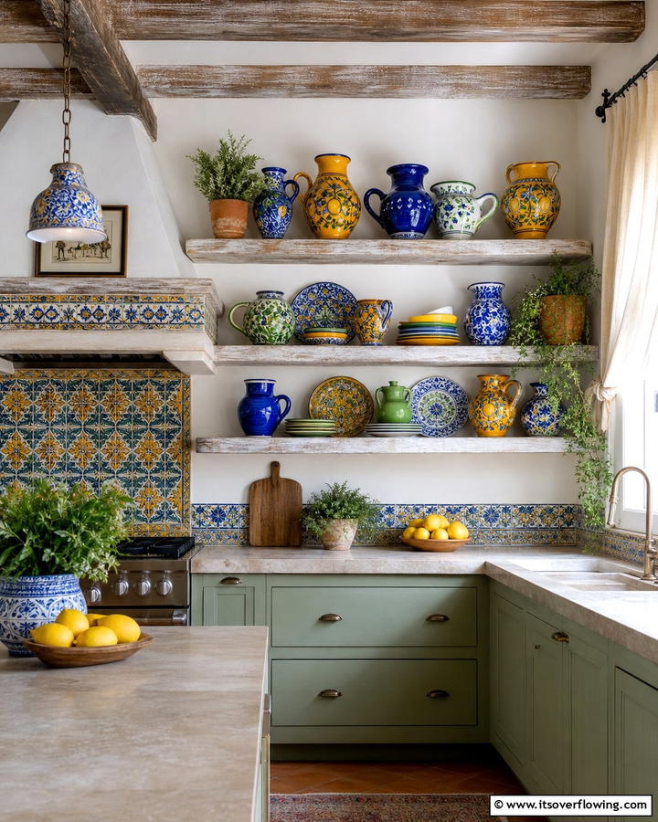 Hand painted Pottery Shelves - 21 Mediterranean Kitchen Ideas for Warm & Inviting Vibes