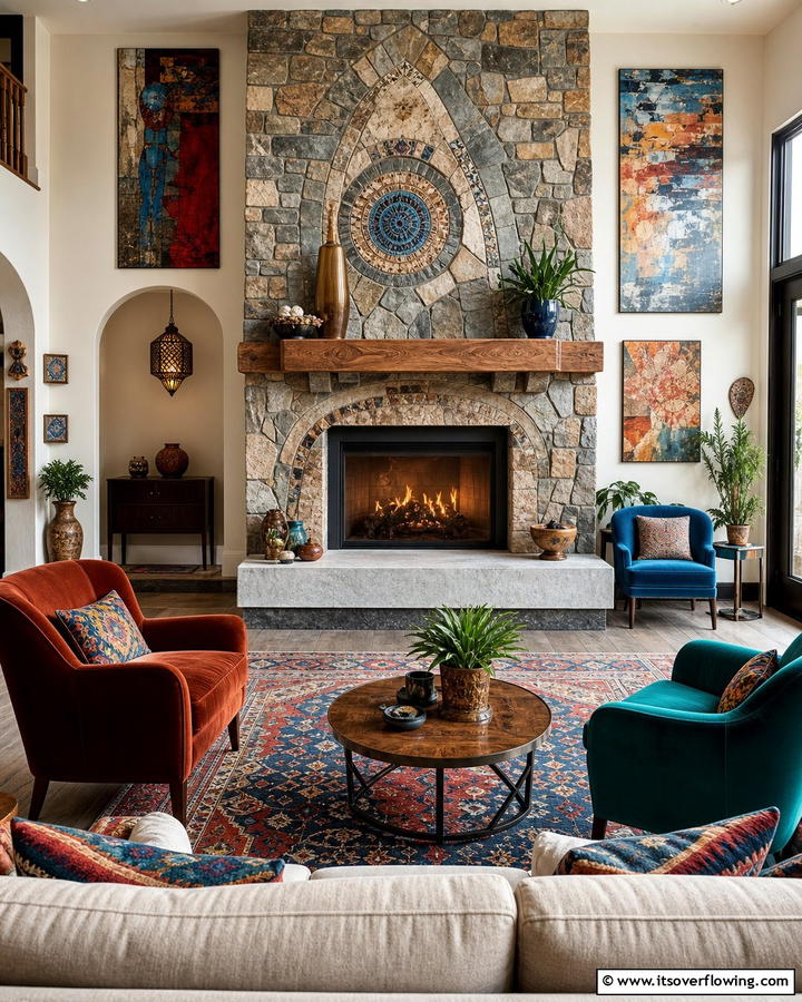 Handcrafted Artistry Accent - 21 Rustic Stone Fireplace Designs for Cozy Living Rooms