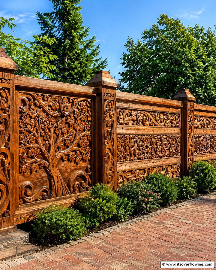 Handcrafted Carved Wood Fence - 30 Decorative Fence Ideas to Enhance Your Yard’s Aesthetic
